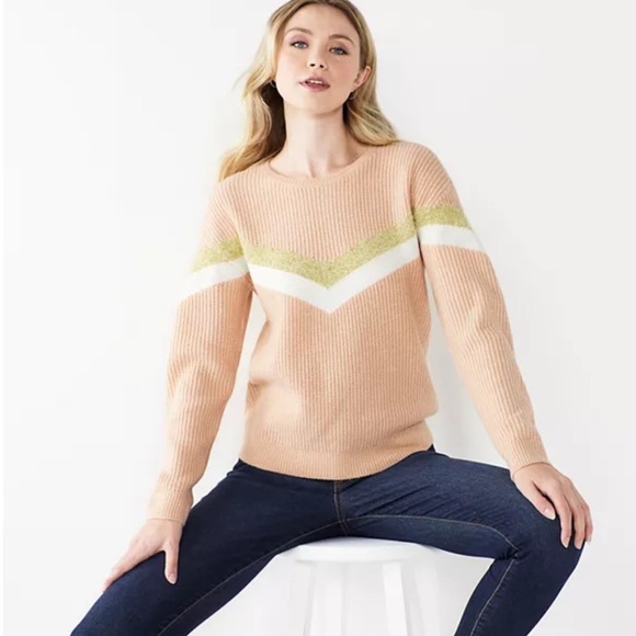 Nine West Womens Pink Metallic Shine Chevron Print Pullover Sweater Size Small - Picture 1 of 10